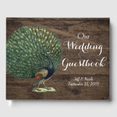 Rustikales Holz Aquamarin Feather Peacock Wedding Gästebuch (Vorderseite)