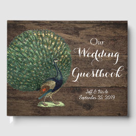 Rustikales Holz Aquamarin Feather Peacock Wedding Gästebuch