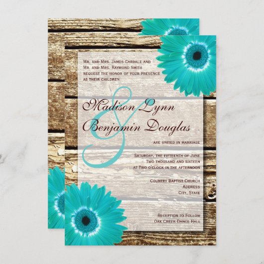 Rustikales Holz Aquamarin Gerber Daisy Hochzeitsei Einladung (Vorne/Hinten)