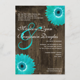 Rustikales Holz Aquamarin Gerber Daisy Hochzeitsei Einladung