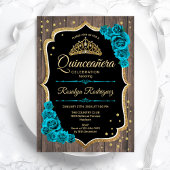 Rustikales Holz Aquamarin Gold Quinceanera Einladung