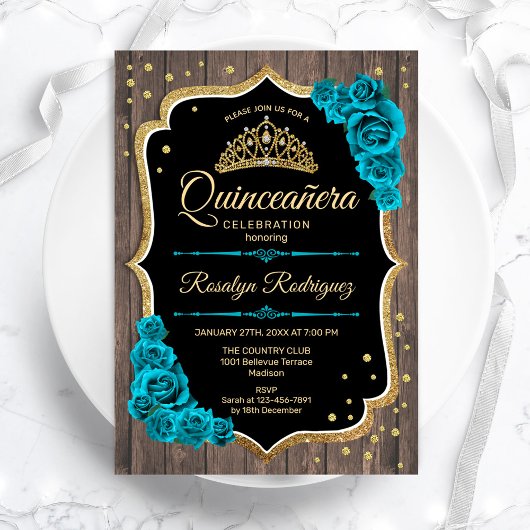 Rustikales Holz Aquamarin Gold Quinceanera Einladung