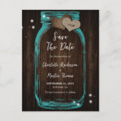 Rustikales Holz Aquamarin Mason Jar Wedding speich Ankündigungspostkarte (Vorderseite)