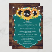 Rustikales Holz Aquamarin Sonnenblumen Einladung (Vorne/Hinten)