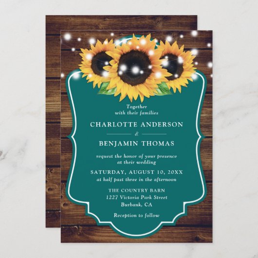 Rustikales Holz Aquamarin Sonnenblumen Einladung (Vorne/Hinten)
