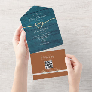 Rustikales Holz Aquamarin und Terracotta Wedding All In One Einladung