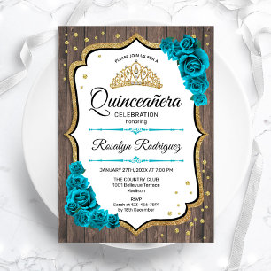 Rustikales Holz Aquamarin White Gold Quinceanera Einladung