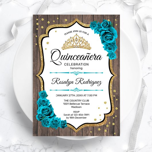 Rustikales Holz Aquamarin White Gold Quinceanera Einladung