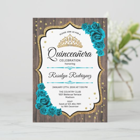 Rustikales Holz Aquamarin White Gold Quinceanera Einladung (Stehend Vorderseite)