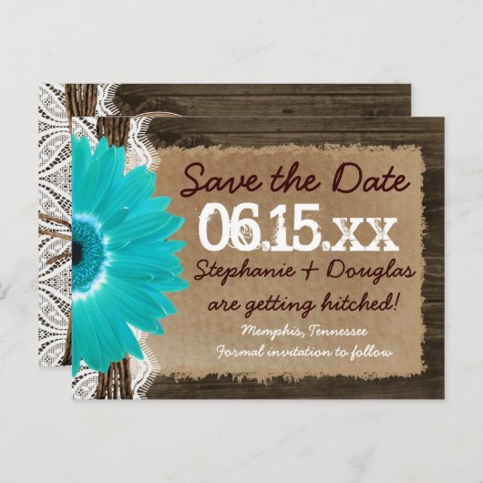 Rustikales Holz Aquamarine Daisy Save the Date Pos Ankündigungspostkarte (Vorne/Hinten)