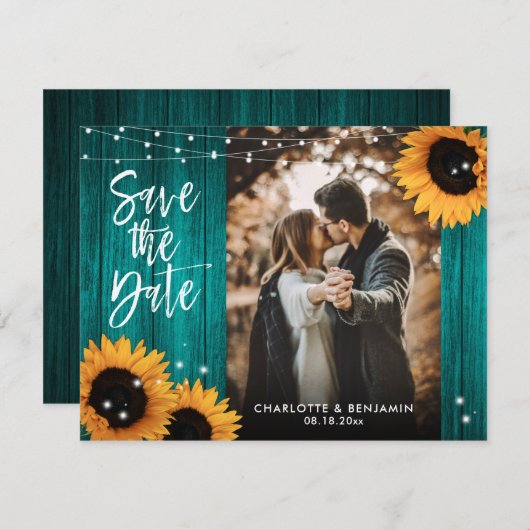 Rustikales Holz Aquamarine Sonnenblumen Hochzeitss Save The Date (Vorne/Hinten)