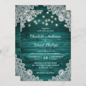 Rustikales Holz Aquamarine Spitzen-Lichter Hochzei Einladung (Vorne/Hinten)