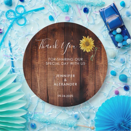 Rustikales Holz Aquarell Sonnenblumen Hochzeit dan Pappteller (Party)