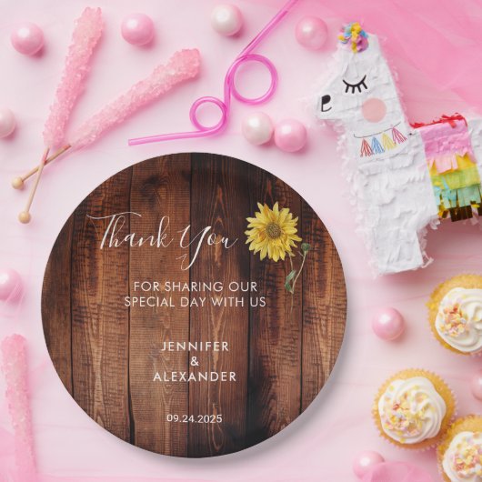 Rustikales Holz Aquarell Sonnenblumen Hochzeit dan Pappteller (Party)