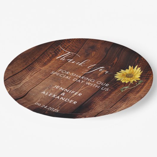 Rustikales Holz Aquarell Sonnenblumen Hochzeit dan Pappteller (Schrägansicht)