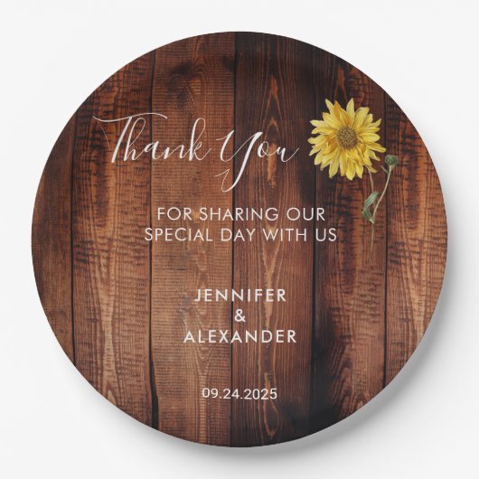 Rustikales Holz Aquarell Sonnenblumen Hochzeit dan Pappteller (Vorderseite)