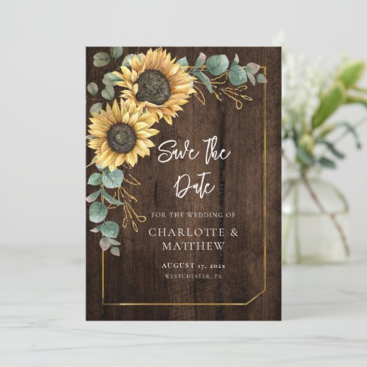 Rustikales Holz Aussehen Sonnenblumen Grünpflanzen Save The Date (Stehend Vorderseite)