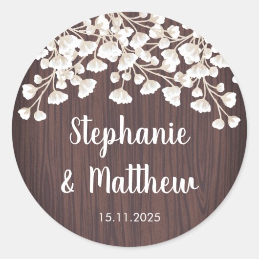 Rustikales Holz Babys Breath Gypsophila Wedding Runder Aufkleber (Vorderseite)