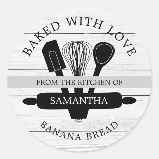 Rustikales Holz Bananenbrot, gebacken mit Liebe Runder Aufkleber (Vorderseite)