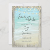 Rustikales Holz Beach Ocean Wedding String Lights Save The Date (Vorderseite)