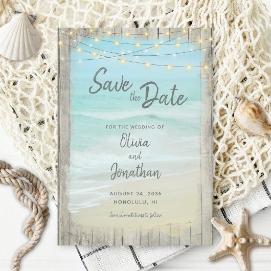 Rustikales Holz Beach Ocean Wedding String Lights Save The Date