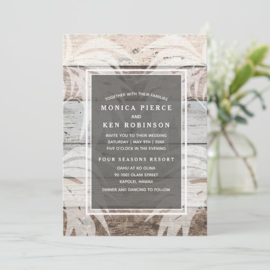 Rustikales Holz Beach Palm Tree Einladung (Stehend Vorderseite)