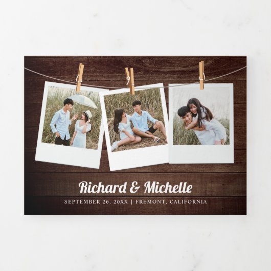 Rustikales Holz-Berg-Wald-String Lichter Hochzeit Dreifach Gefaltete Einladung (Cover)