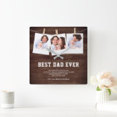 Rustikales Holz Bester Vater je 3 FotoCollage Quadratische Wanduhr (Zuhause)