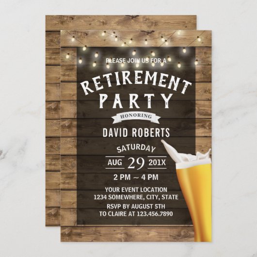 Rustikales Holz: Bier Cheers String Lights Einladung (Vorne/Hinten)