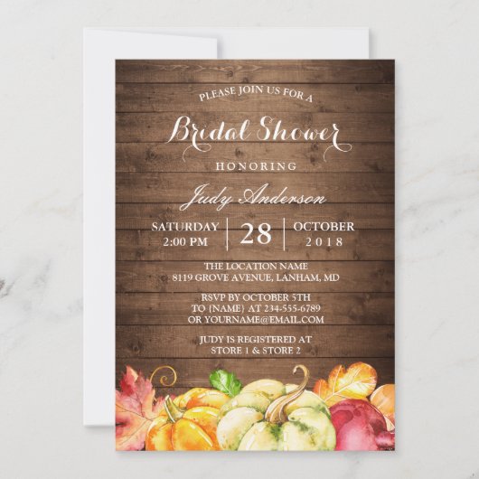 Rustikales Holz Blätter Pumpkin Fall Brautparty Einladung (Vorderseite)