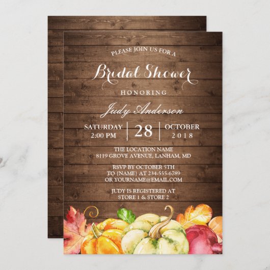 Rustikales Holz Blätter Pumpkin Fall Brautparty Einladung (Vorne/Hinten)