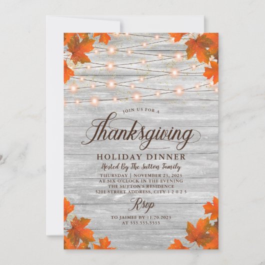 Rustikales Holz Blätter String Lights Erntedank Einladung (Vorderseite)