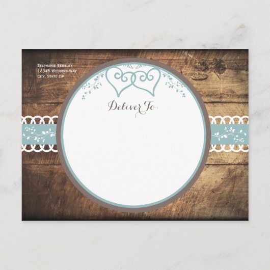 Rustikales Holz Blau Save the Date Postkarten (Rückseite)