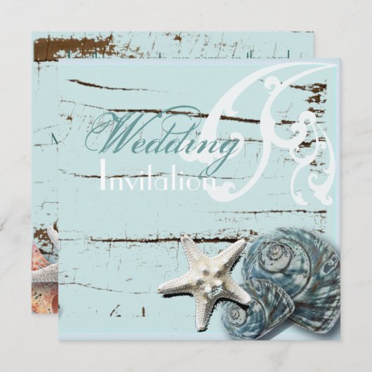 Rustikales Holz blau Seashell Coastal Beach Hochze Einladung (Vorne/Hinten)