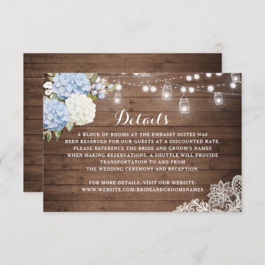 Rustikales Holz Blue Hydrangea String Lights Detai Einladung (Vorne/Hinten)