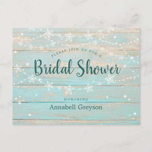 Rustikales Holz Blue String Stars Brautparty Einladungspostkarte (Vorderseite)