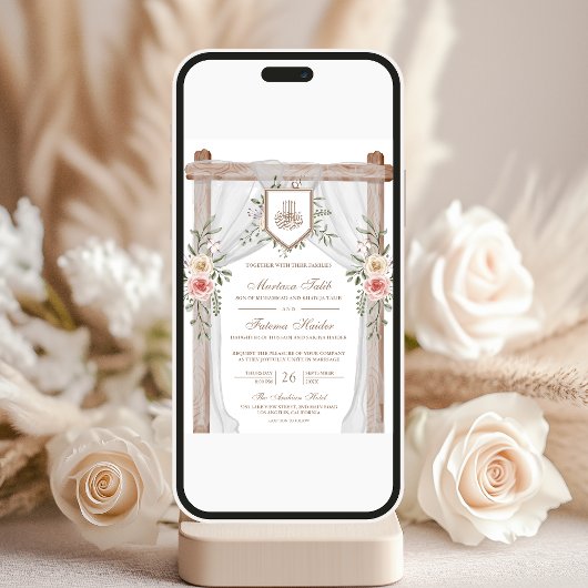 Rustikales Holz Blumenkanopie Islamische Hochzeit Einladung
