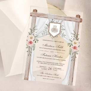 Rustikales Holz Blumenkanopie Islamische Hochzeit Pergament Einladungen