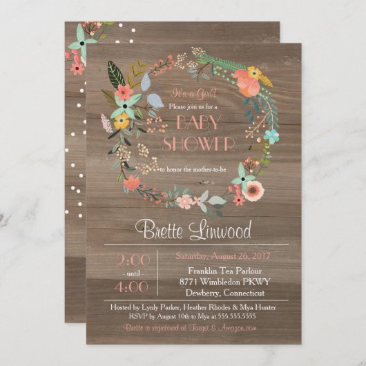 Rustikales Holz, Blumenkleider Shabby Chic Babydus Einladung (Vorne/Hinten)