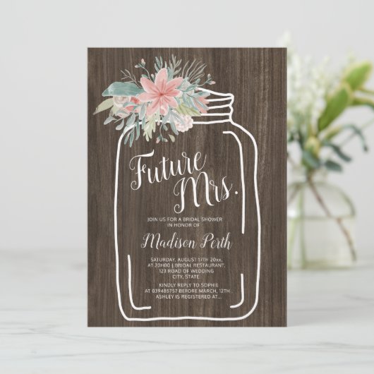 Rustikales Holz Blumenmason Jar Skript-Brautparty Einladung (Stehend Vorderseite)