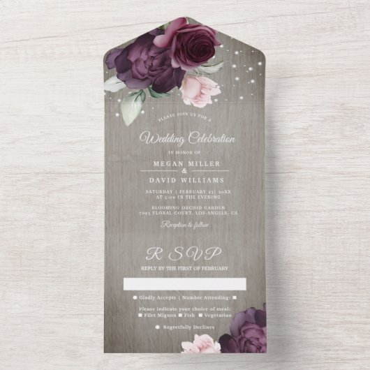 Rustikales Holz | Blumenstrauß Hochzeit All In One Einladung (Innen Boden)