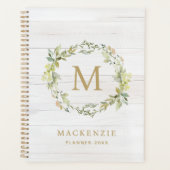 Rustikales Holz Blumiges Wasserfarben-Monogramm Planer (Vorderseite)
