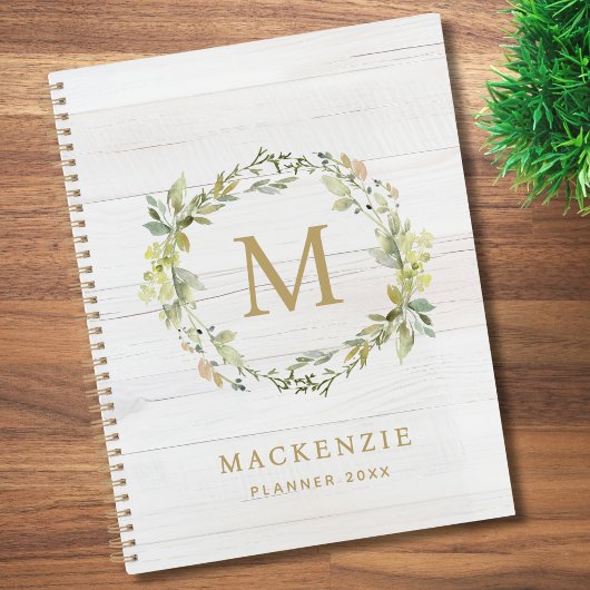 Rustikales Holz Blumiges Wasserfarben-Monogramm Planer