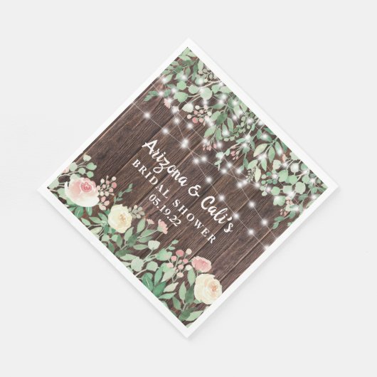 Rustikales Holz Blush Blues Lights Brautparty Serviette (Ecke)