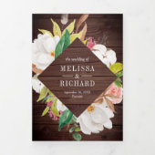 Rustikales Holz Blush Pink Floral Gold QR Code Hoc Dreifach Gefaltete Einladung (Cover)