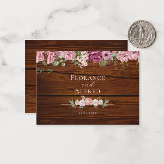 Rustikales Holz Blütenblütenhochzeit Mitteilungskarte (Vorderseite/Rückseite Beispiel)