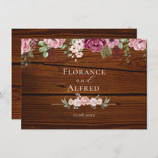 Rustikales Holz Blütenblütenhochzeit Mitteilungskarte (Vorne/Hinten)