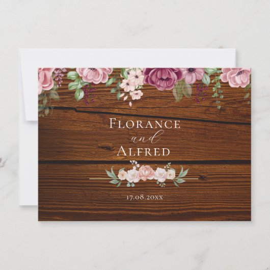 Rustikales Holz Blütenblütenhochzeit Mitteilungskarte (Vorderseite)