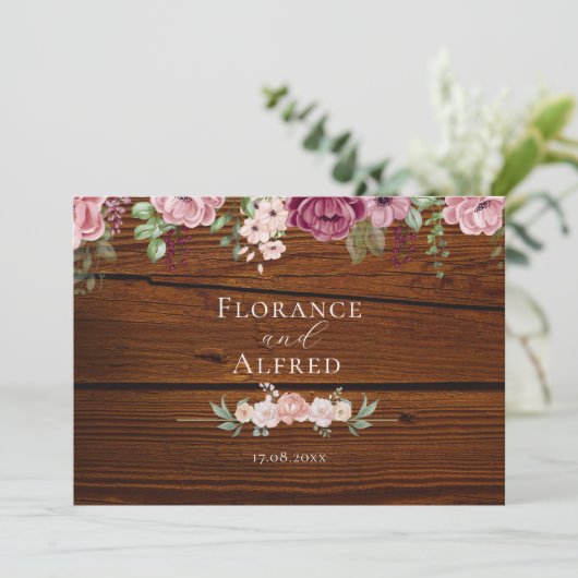 Rustikales Holz Blütenblütenhochzeit Save The Date (Stehend Vorderseite)