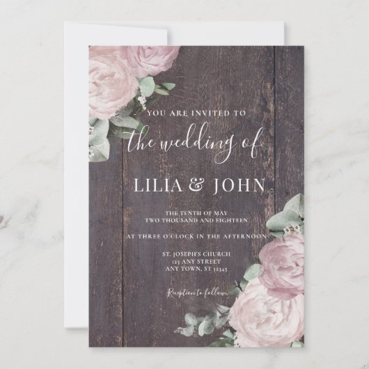 Rustikales Holz Blütenduft Dusty Rose Hochzeit Einladung (Vorderseite)